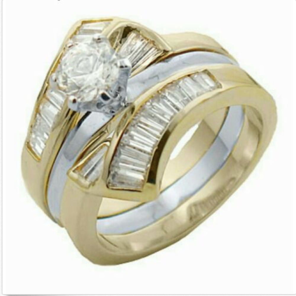 Silver Gold Wedding Band Ring set Cubic Zirconia Size 9.5  ( 2 rings ) *